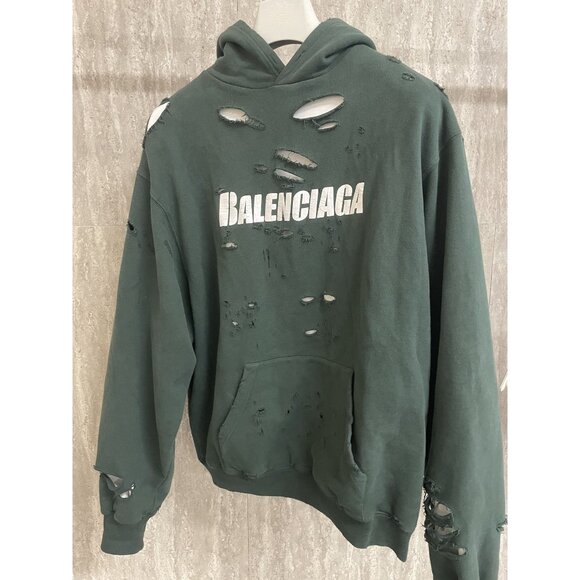 Balenciaga Distressed Green Hoodie With Front Logo Design - Picture 1 of 12